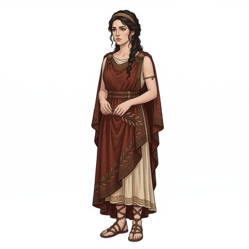 Ancient Greek woman Cassandra in traditional brown and cream robes holding an olive branch on white background