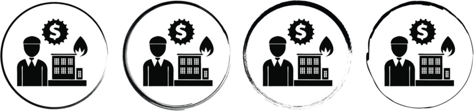 Four circular depicting a black silhouette of a businessman standing next to a burning building with a dollar sign on a white background