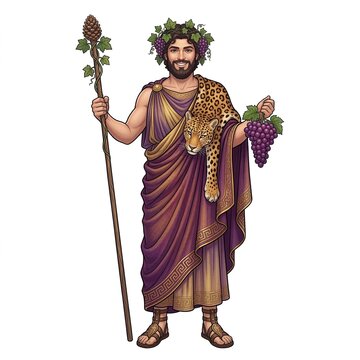 Greek god Dionysus standing with a thyrsus leopard skin and grapes on a white background