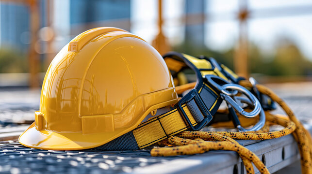 Hard hat and fall arrest harness at scaffolding work area, construction safety concept, defocused background, with copy space