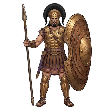 Powerful ancient Greek warrior Ajax in bronze armor with a spear and massive shield isolated on white background