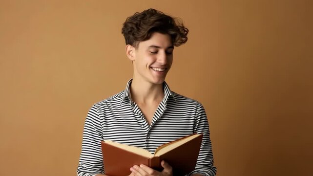 Happy young man wearing a striped shirt reading an open book, standing in front of a brown background. Concept of education, learning, and positive emotions in lifestyle photography.