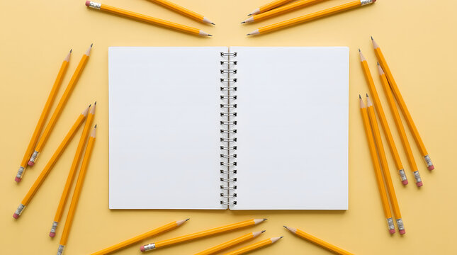 Open blank spiral notebook surrounded by yellow pencils on pastel background.