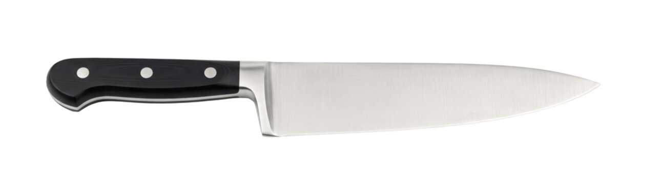 Professional chef's knife with a sharp stainless steel blade and black handle