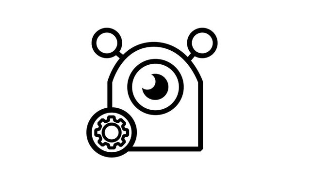 Robot Maintenance Setting Animated Icon. Animated line icon of friendly robot character with gear wheel representing automation setting AI maintenance and technology.