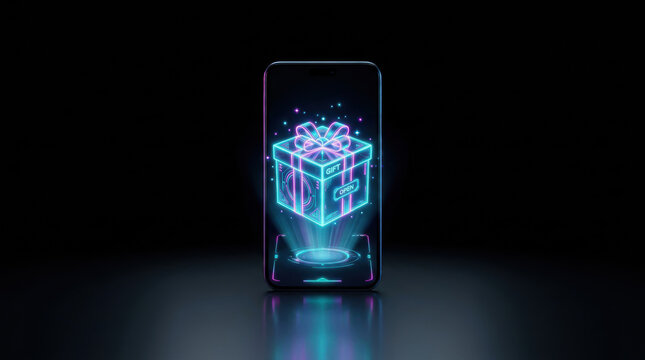 Holographic gift box projection on smartphone screen represents retail tech innovation in e commerce enhancing digital shopping experience