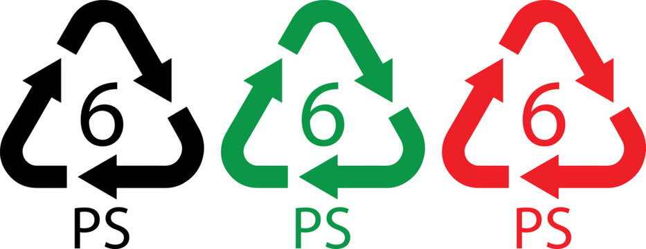 Vector recycling code number 6 PS polystyrene plastic resin identification icon set