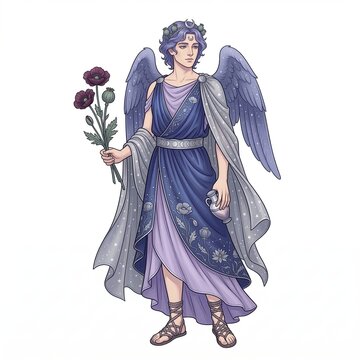 Greek god Hypnos with purple wings holding poppies and a silver carafe on a white background