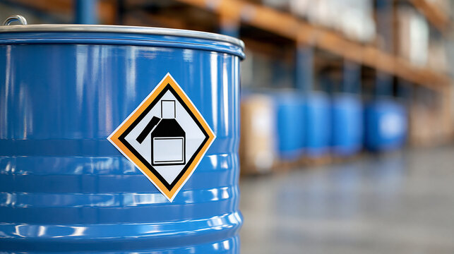 GHS hazardous chemical warning label displayed on blue drum in warehouse, defocused background, with copy space