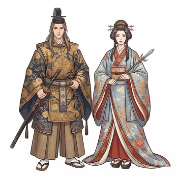 Japanese creator deities Izanagi and Izanami wearing ornate traditional imperial robes on a white background