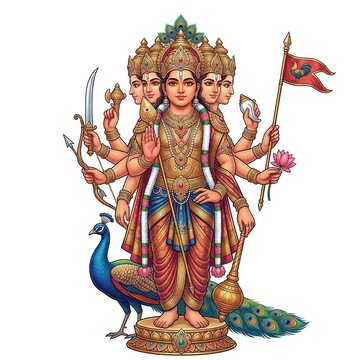 Ornate illustration of Hindu god Kartikeya with six faces and multiple arms standing with a peacock on white background