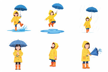 Fototapeta premium Collection of a Little Girl in Yellow Raincoat and Blue Umbrella Playing in Rain Puddles Vector