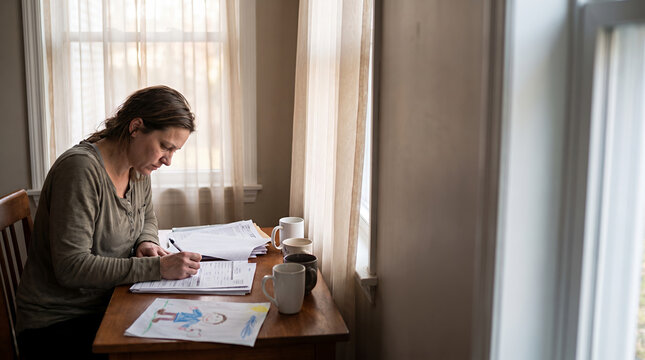 Woman Filling Out School Paperwork at Home