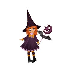 Cute little witch girl with curly red hair, tall pointed hat, and magic wand with bat wings and moon, isolated on white background.
