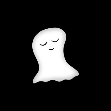 Cute friendly white ghost with closed eyes and a gentle smile, isolated on a black background.