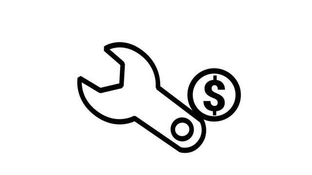 Financial Repair Wrench Animation. Animated line icon of a mechanical wrench paired with a dollar coin symbol representing financial optimization and maintenance.