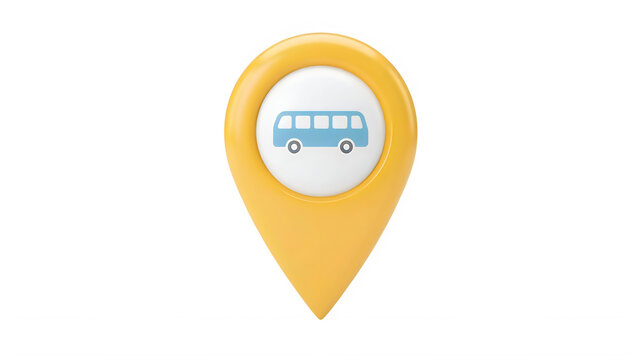Yellow location pin icon with moving van and boxes for moving or relocation isolated on transparent background