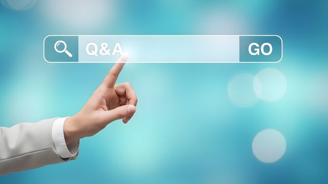 Hand touching search bar with Q&A text and GO button on blurred blue background.