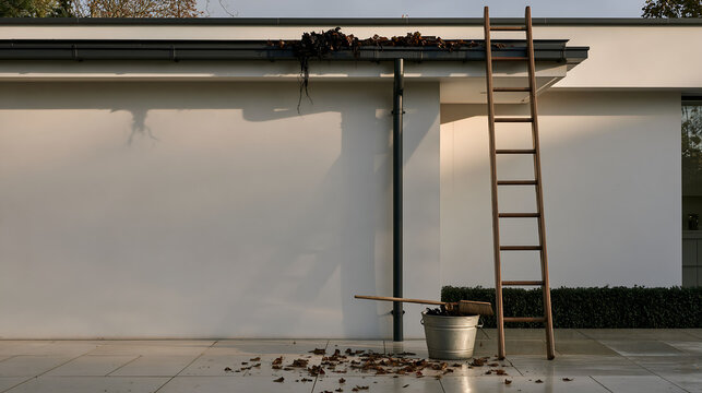 Blocked gutter with a ladder and a bucket of leaf debris below