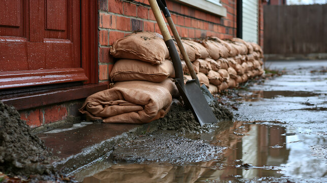 Neat wall of sandbags stacked across a house doorway after rain