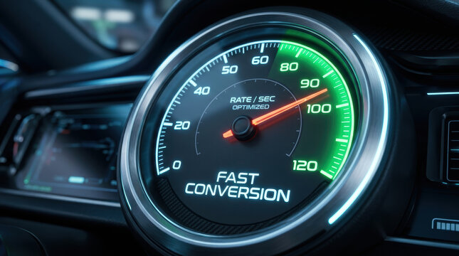 Fast conversion speed gauge in tech dashboard showing optimized rate per second for retail and e commerce performance boost