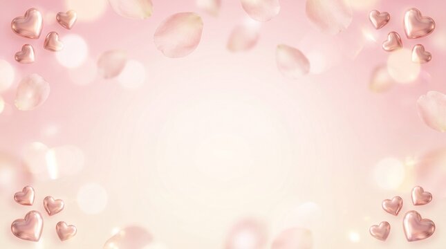 Soft pastel hearts and petals floating in dreamy pink light atmosphere