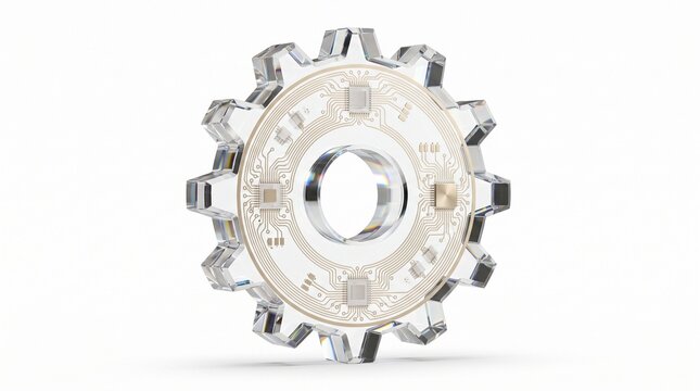 Front view of crystal glass cogwheel gear featuring electronic circuit board inside