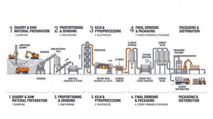 Industrial manufacturing process flow diagram infographic chart. Industrial process flow diagram infographic illustrating cement production stages from quarrying to packaging and distribution © Николай Чайка