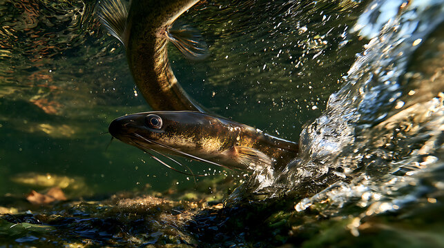 An eel swimming in a clear freshwater stream over a rocky bed demonstrates aquatic fauna, freshwater ecosystems, fish migration, biodiversity and habitat conservation.