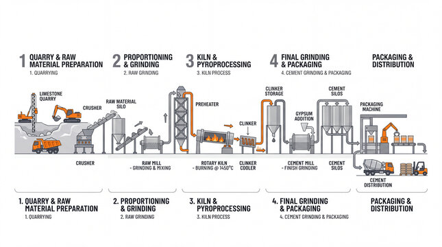 Industrial manufacturing process flow diagram infographic chart. Industrial process flow diagram infographic illustrating cement production stages from quarrying to packaging and distribution