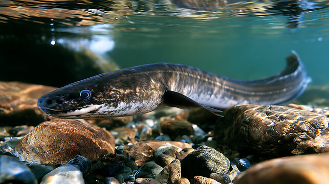 European eel swimming in a clear freshwater stream over rocky riverbed, highlighting aquatic wildlife, freshwater ecosystems, fish migration, biodiversity, and natural habitat conservation.