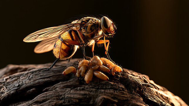 Image of adult fly with larvae on decaying organic matter illustrating insect life cycle, infestation, decomposition process, forensic entomology and pest control concept.