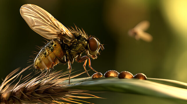 Large scale macro image of adult fly with larvae on decaying organic matter illustrating insect life cycle, infestation, decomposition process, forensic entomology and pest control concept.