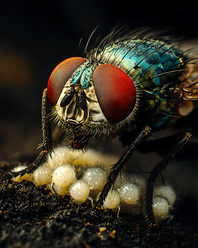 Extreme macro photograph of a blow fly with freshly hatched larvae on organic matter, showcasing insect reproduction, life cycle, forensic entomology, decomposition, and pest biology.