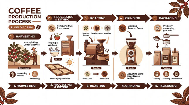 Industrial manufacturing process flow diagram infographic chart. Coffee production process flow diagram infographic illustrating harvesting, processing, roasting, grinding, and packaging steps 