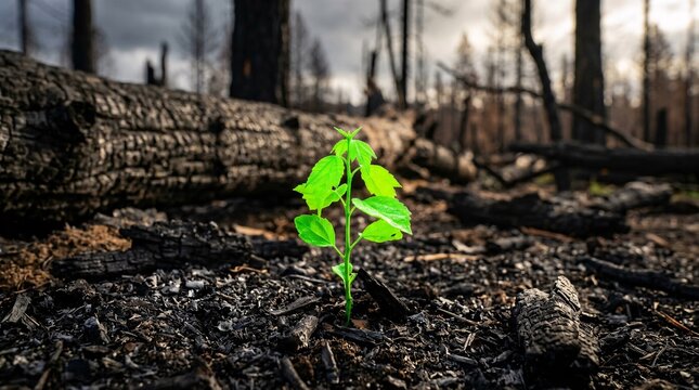 Single vibrant neon green sapling grows defiantly from dark scorched earth and charcoal ashes near a heavily charred fallen log behind it.