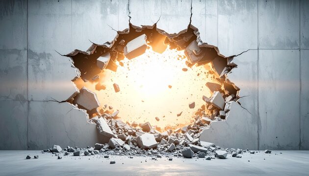 Exploding stone wall with smoke particles and bright light breakthrough concept 3D render