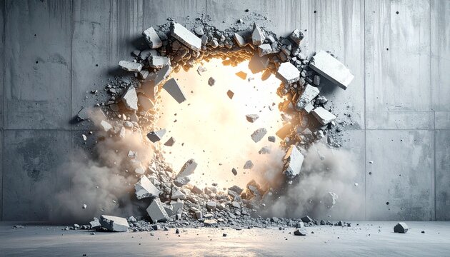 Broken concrete wall with dust clouds and glowing light background overcoming obstacles