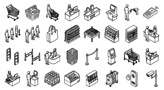Professional isometric supermarket vector set with grocery checkout counters cashier queue shopping carts and retail store illustrations isolated on white background