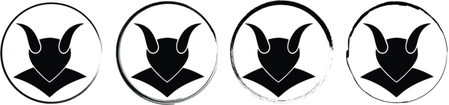 Set of four circular featuring a stylized devil or demon head silhouette with horns, presented in black on a white background