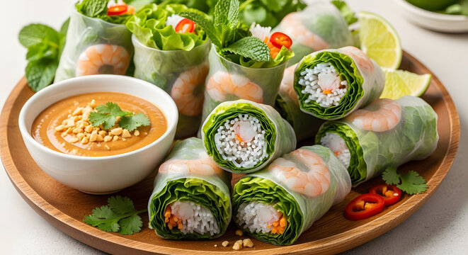 Spring rolls filled with shrimp and fresh herbs are arranged on a wooden platter with peanut sauce.