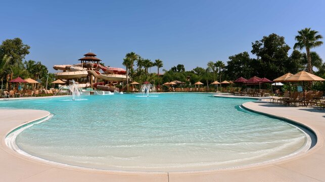 Tropical Resort Pool with Water Slides and Palm Trees Under Clear Blue Sky