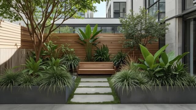 Private urban courtyard garden with wooden bench lush tropical plants paved stone path fence