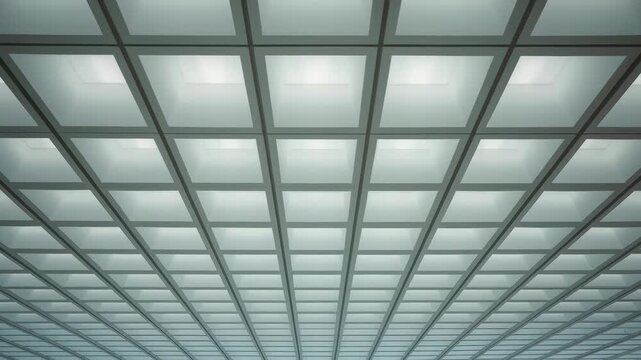 Glowing glass ceiling grid skylight with soft daylight and repeating geometric pattern