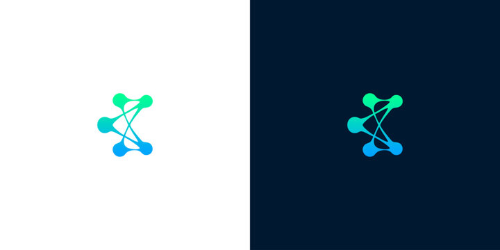 Abstract letter K digital network technology logo template with connection nodes