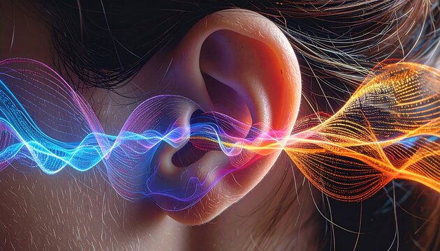 Closeup Human Ear Receiving Colorful Sound Wave in Dark Abstract Setting