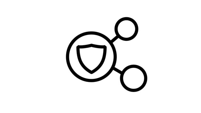 Secure Network Connection Animation. Animated line icon showing interconnected nodes with a center shield for safe data sharing and cybersecurity networks.