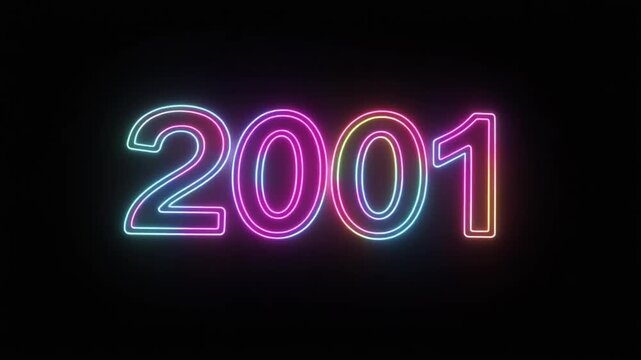 Bright neon text &ldquo;2001&rdquo; glowing in pink, blue, and yellow against black background, symbolizing futuristic energy, vibrant nostalgia, and striking visual design.