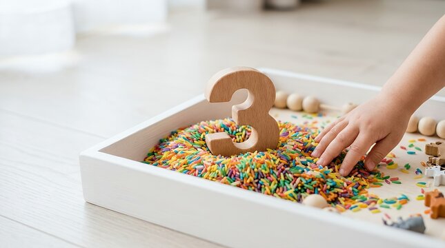 A toddler playing with a wooden number three in a sensory bin filled with colorful rice.
