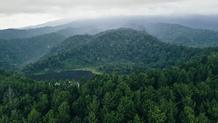 Scenic aerial landscape of green forest, calm lake, and mountain hills for ecology and conservation theme © Mod Stock